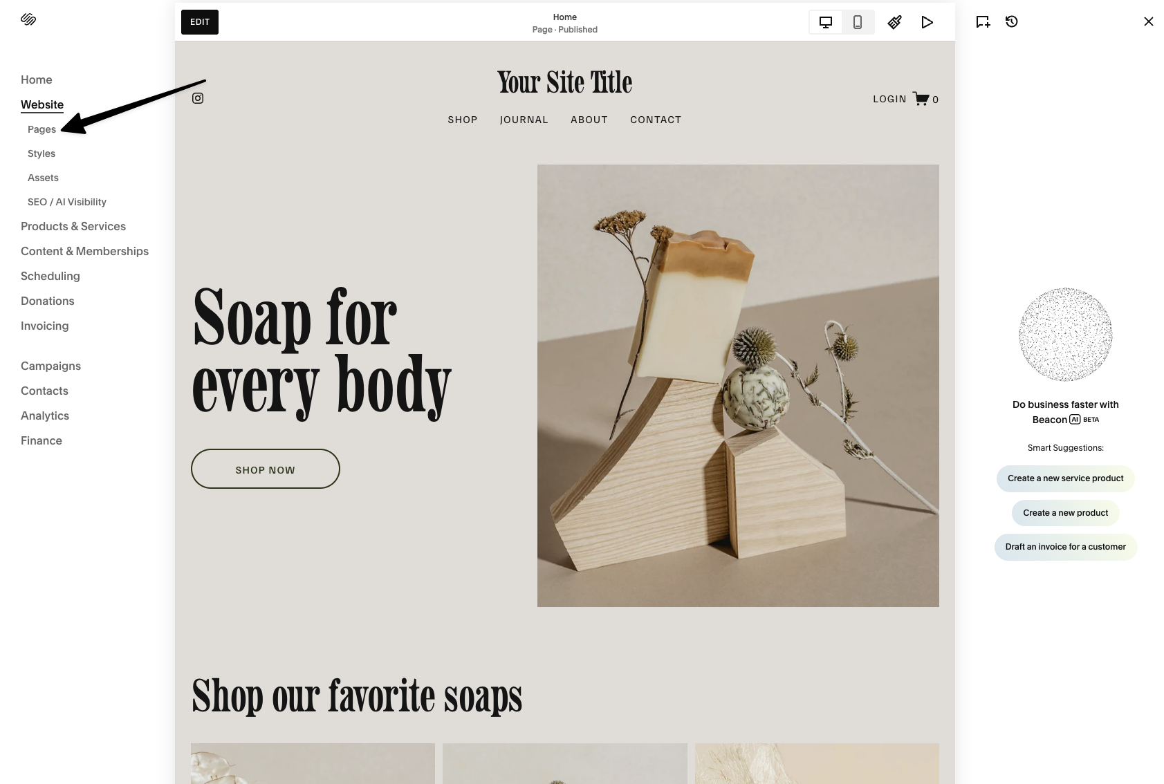 Squarespace editor sidebar with Pages highlighted under the Website menu