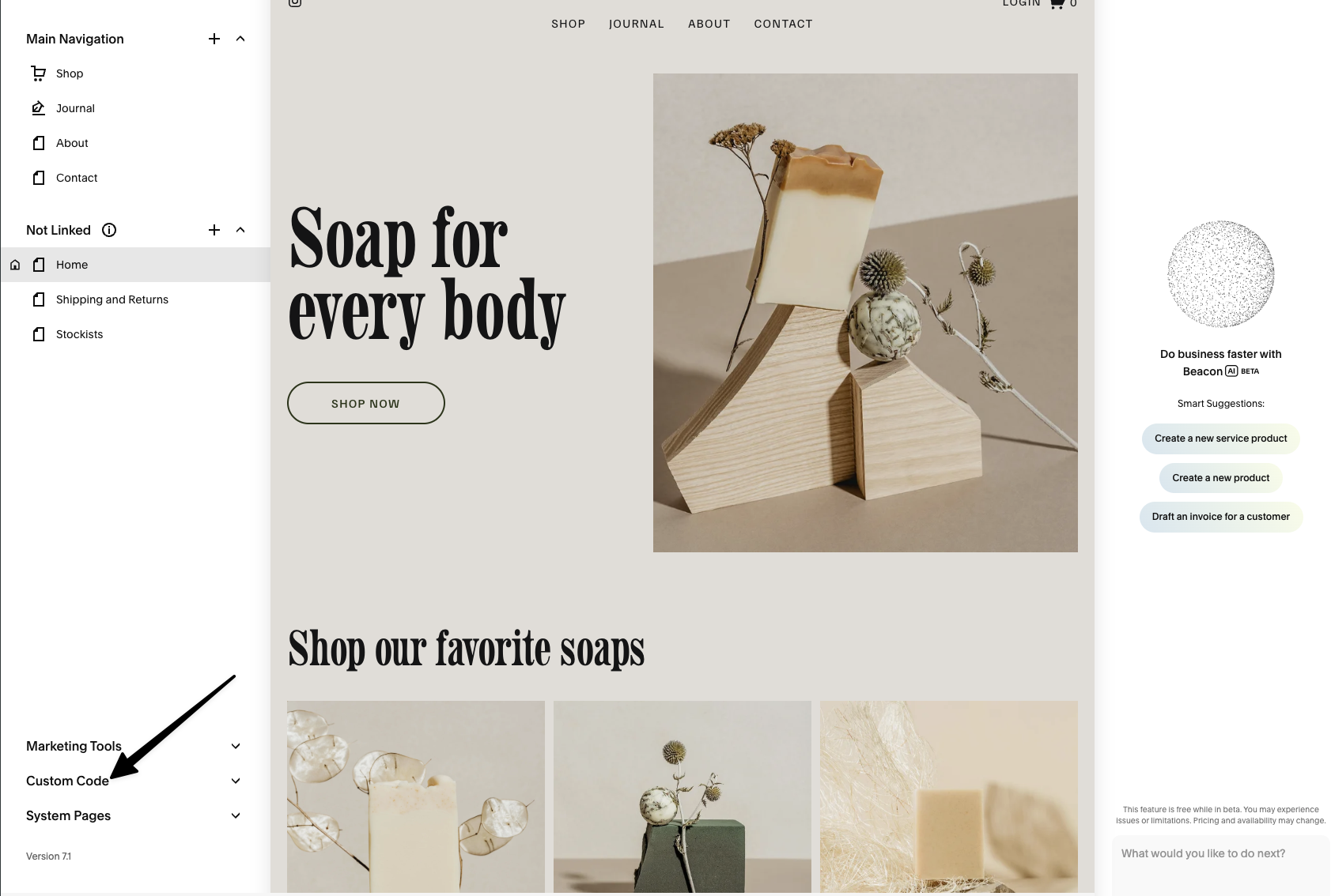 Squarespace Pages panel with Custom Code highlighted at the bottom