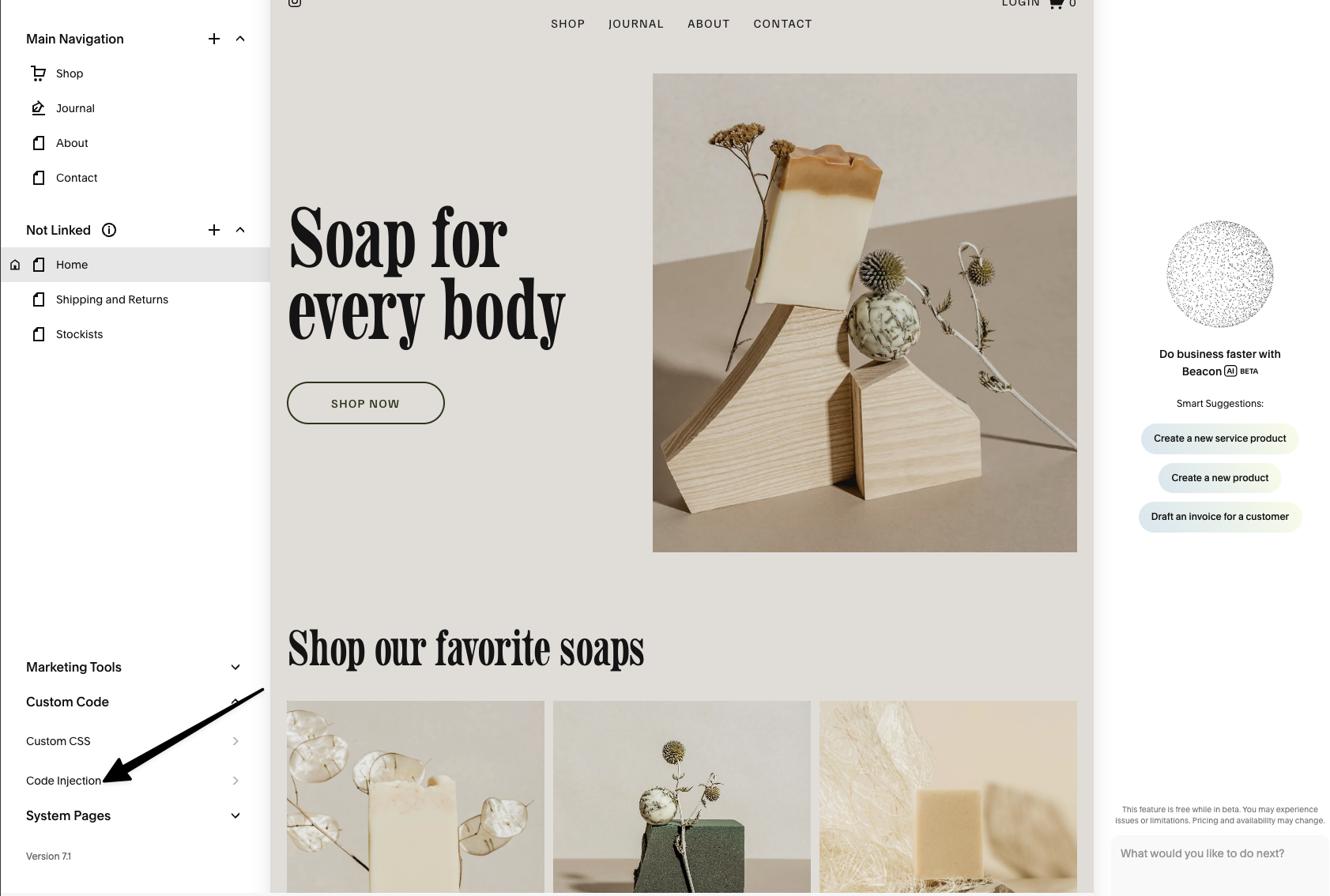 Squarespace Custom Code menu with Code Injection highlighted