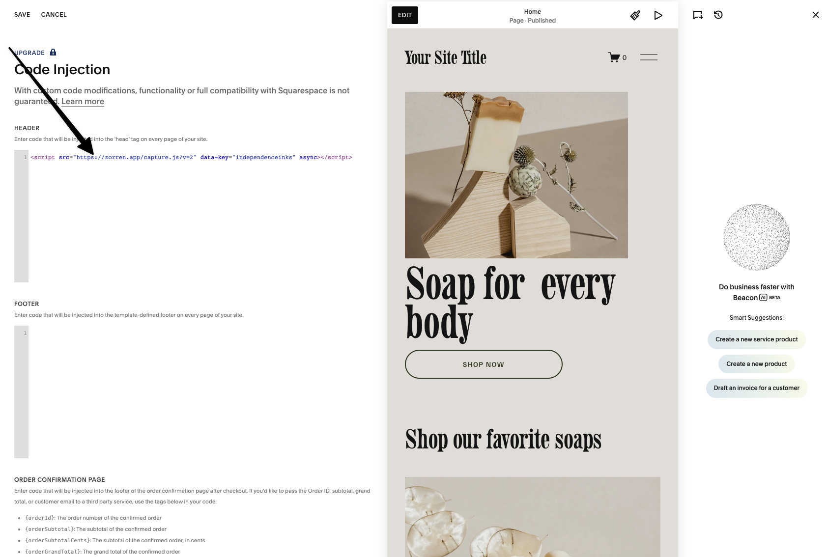 Squarespace Code Injection page with the snippet pasted in the Header box