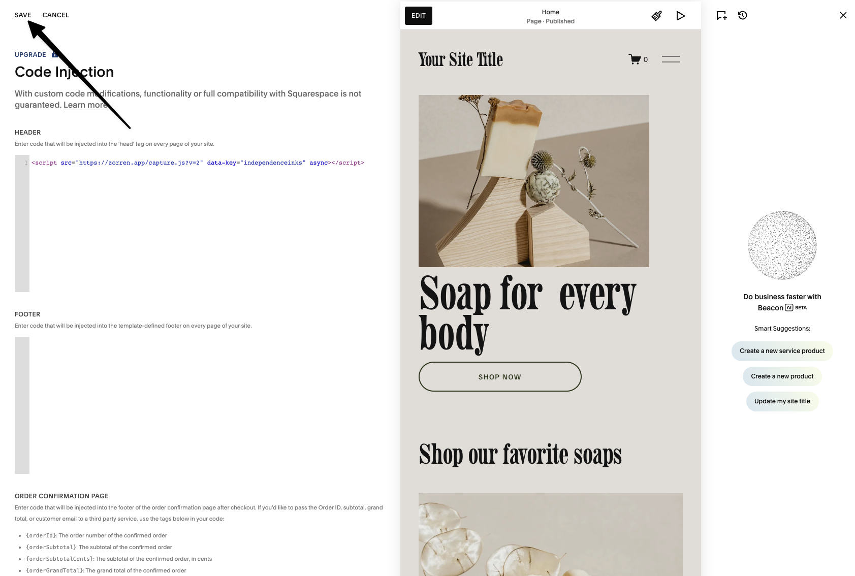Squarespace Code Injection page with the Save button highlighted at the top left