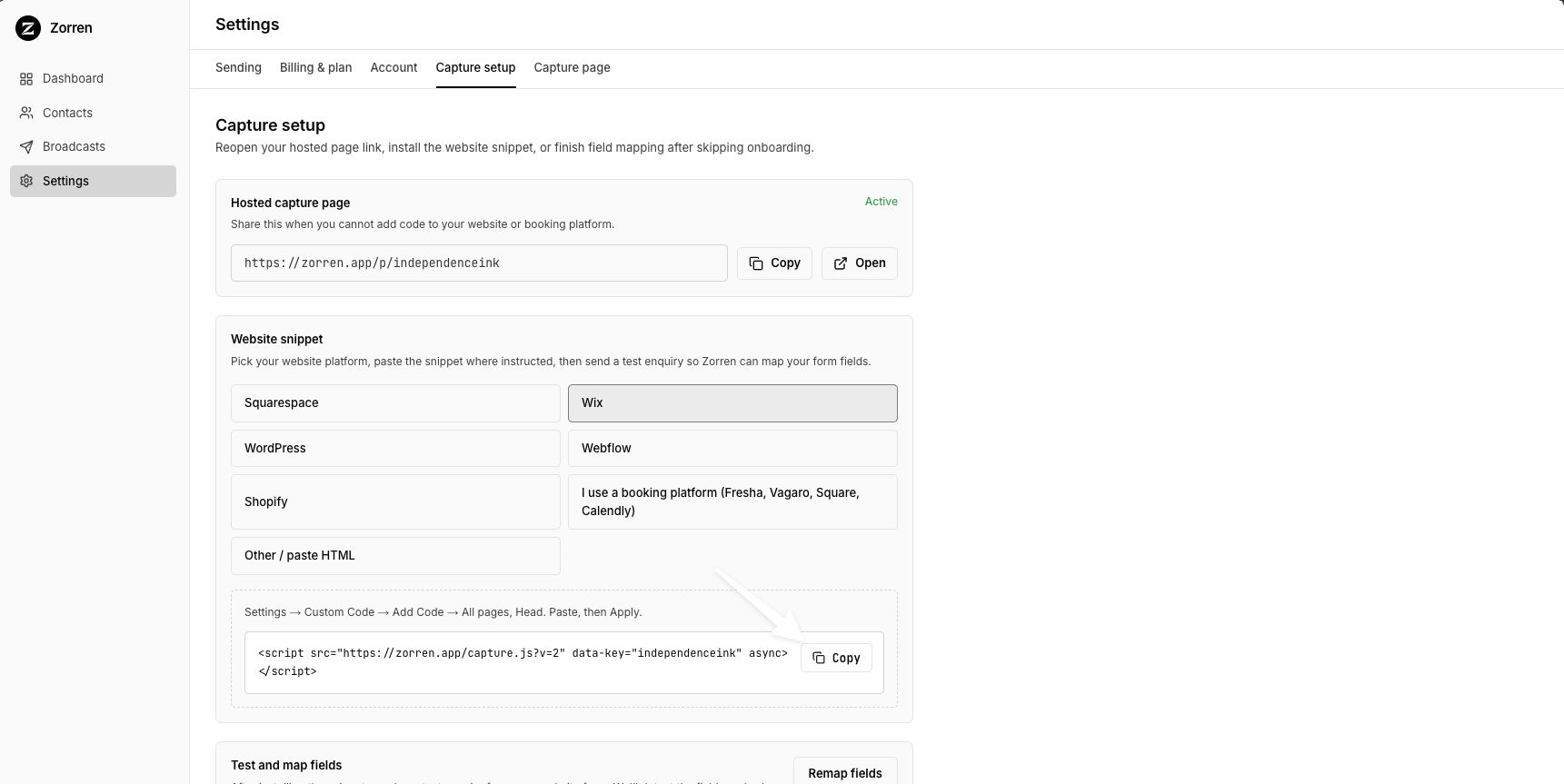 Zorren Capture setup with the snippet Copy button highlighted
