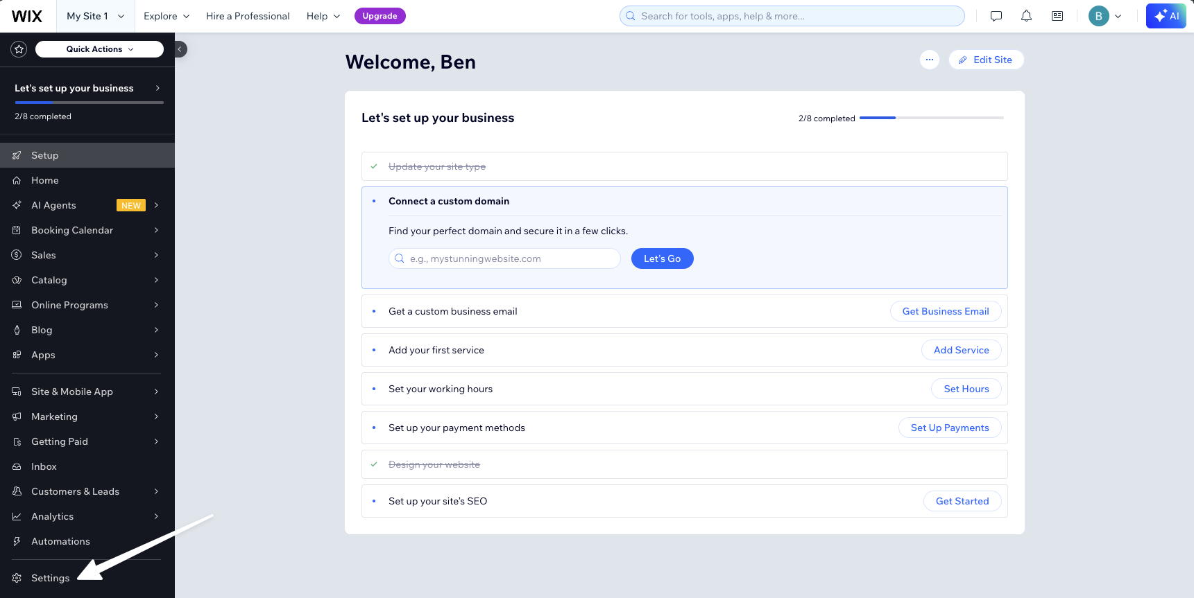 Wix dashboard with Settings highlighted at the bottom of the left sidebar