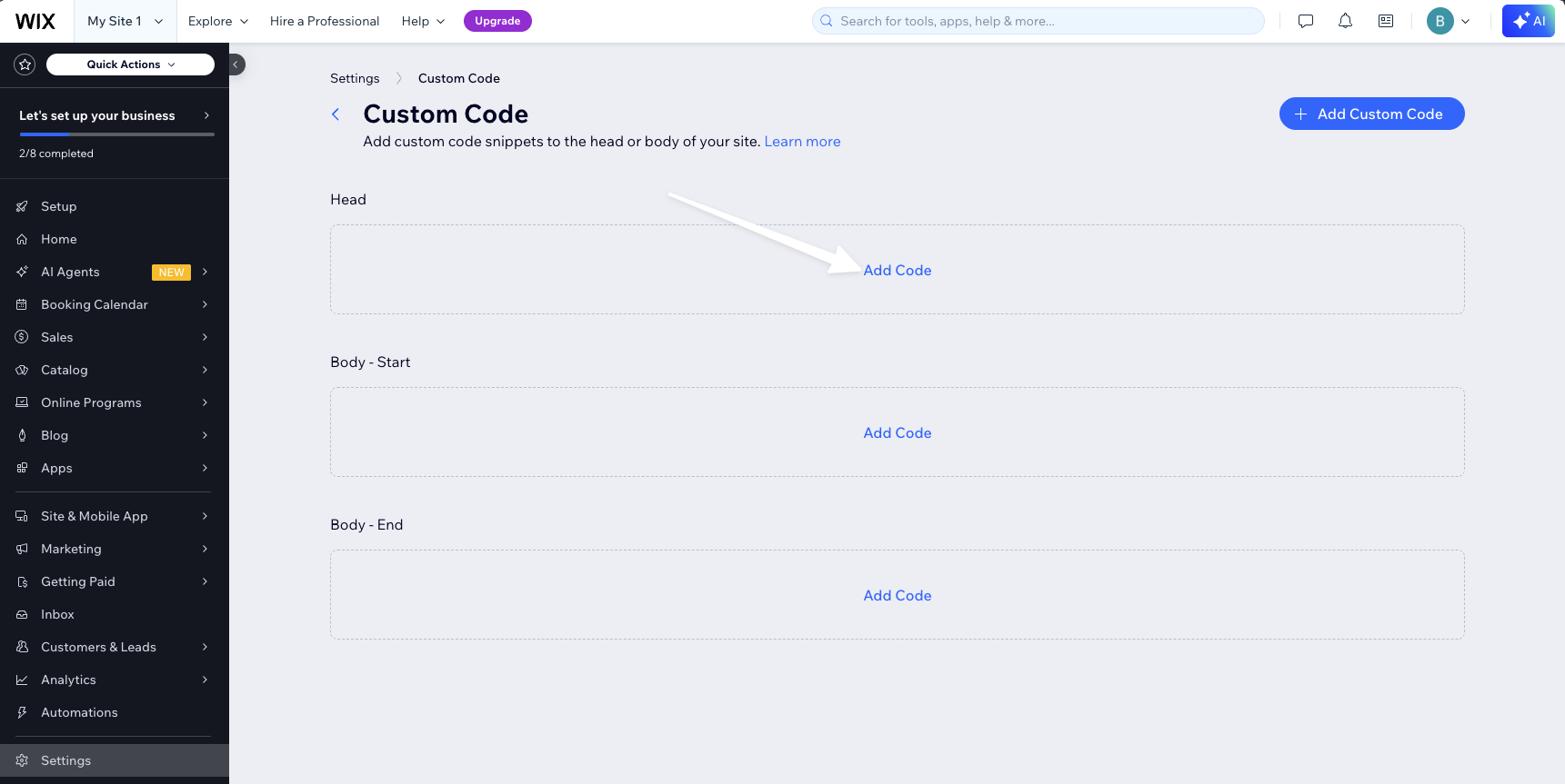 Wix Custom Code page with Add Code under the Head section highlighted