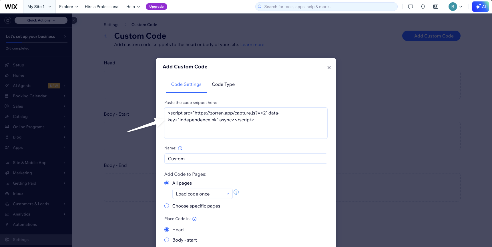 Add Custom Code dialog with the snippet pasted and All pages, Head selected