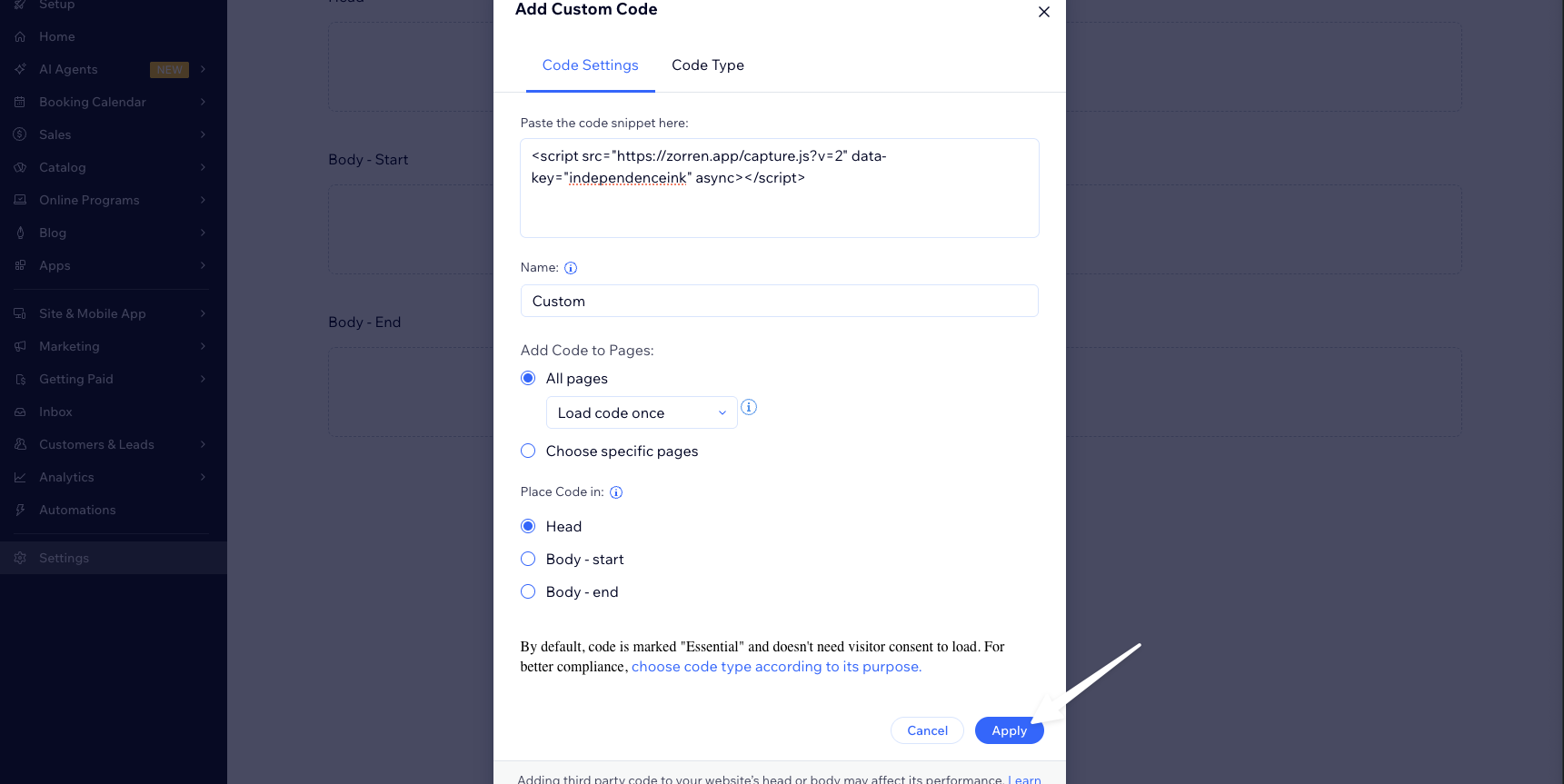 Add Custom Code dialog with the Apply button highlighted